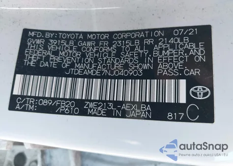 2022 Toyota Corolla Hybrid Le z USA, uszkodzony, nr VIN JTDEAMDE7NJ040903
